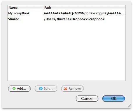 Окно добавления Scrapbook с выбором местоположения в Dropbox