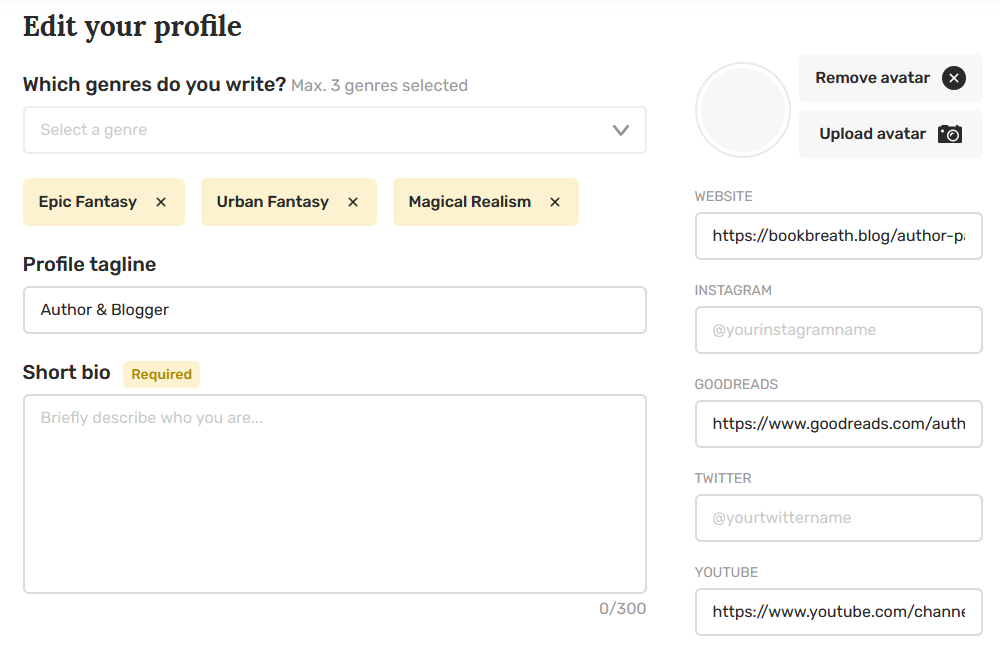 редактирование профиля Reedsy Discovery