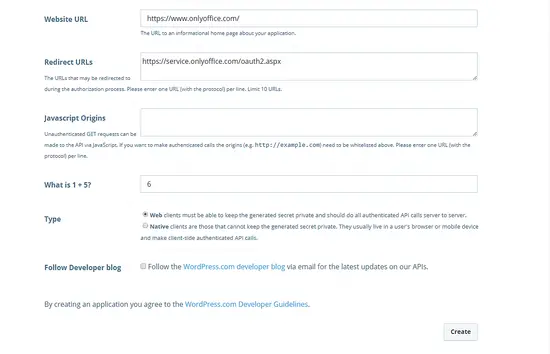 Экран создания приложения WordPress с настройкой Redirect URL