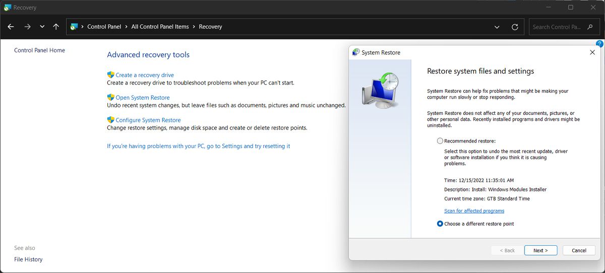 System restore settings