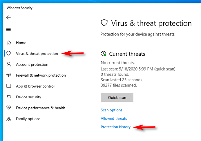 Нажмите Protection history в Windows Security на Windows 10