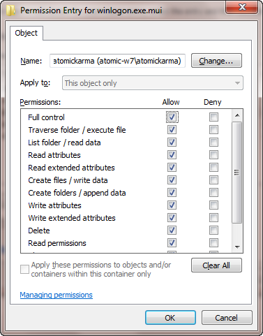 Добавление пользователя и назначение полного контроля для winlogon.exe.mui