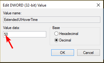 Значение ExtendedUIHoverTime в реестре (миллисекунды)