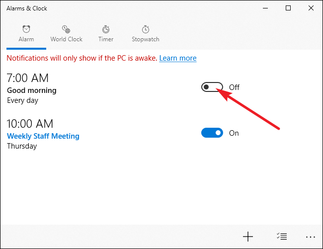 Список будильников с переключателями включения/выключения