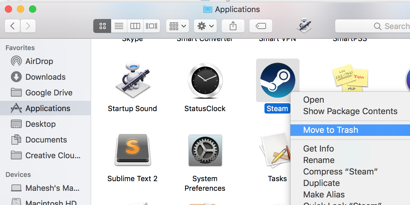 Удалить приложение Steam на Mac
