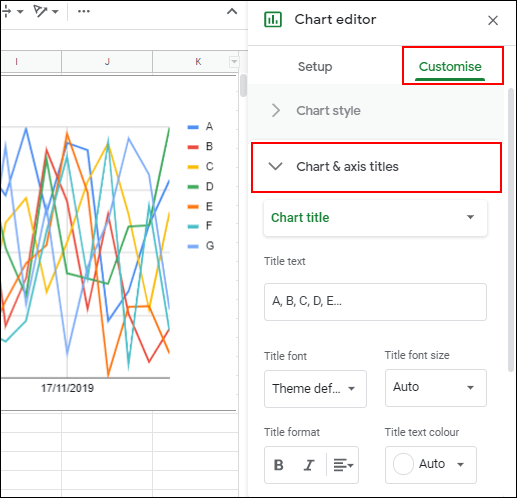 Для добавления заголовков диаграммы нажмите Customize в Chart Editor, затем Chart & Axis Titles
