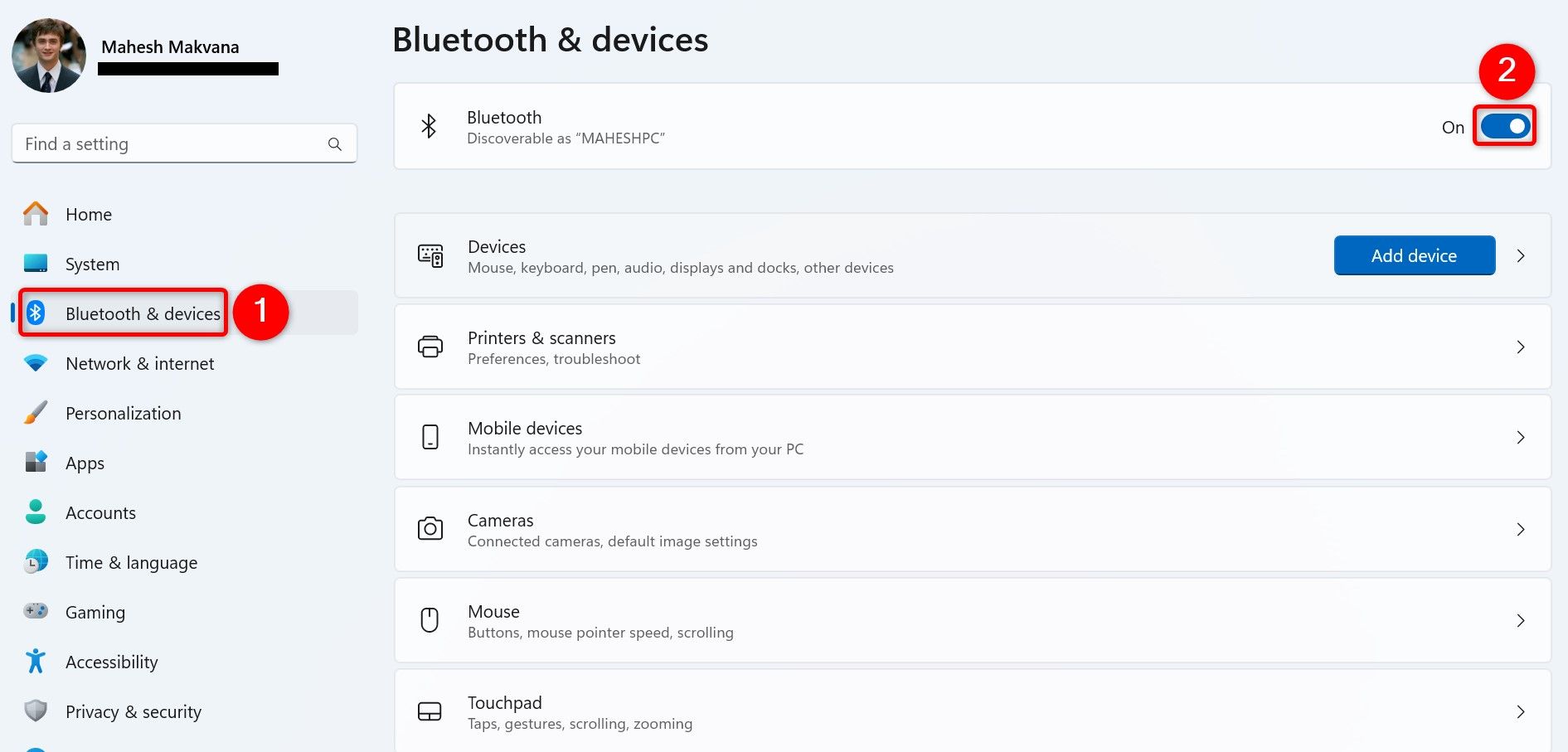«Bluetooth и устройства» и переключатель Bluetooth выделены в Параметрах Windows 11.
