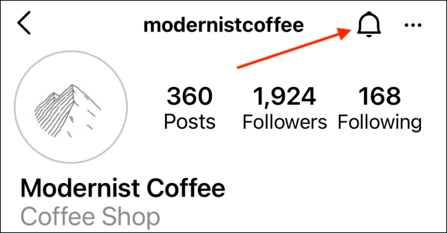 Нажмите значок колокольчика в профиле Instagram