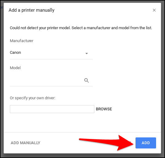Экран выбора модели принтера при добавлении