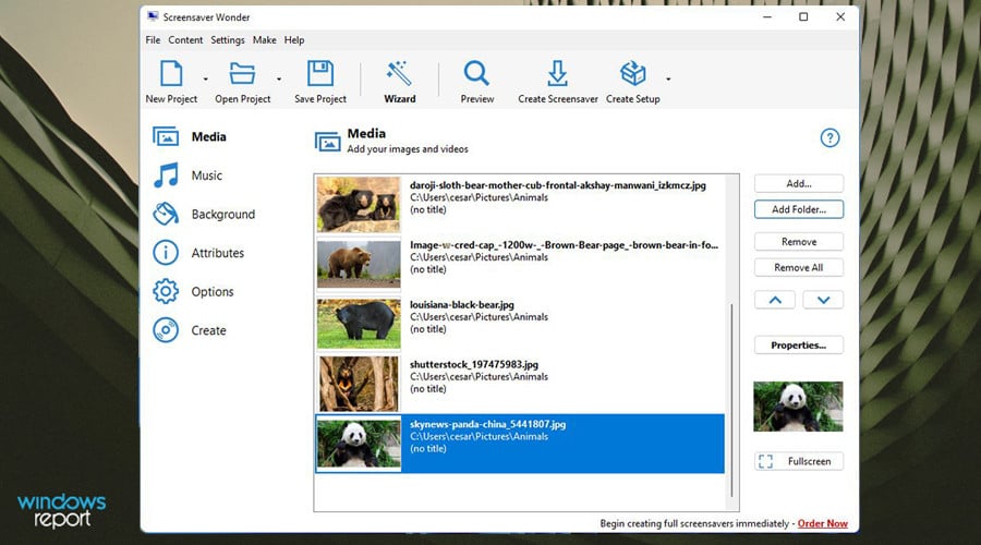 Список изображений, добавленных в проект