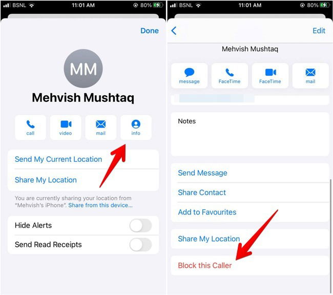 iPhone: меню блокировки контакта в Сообщениях