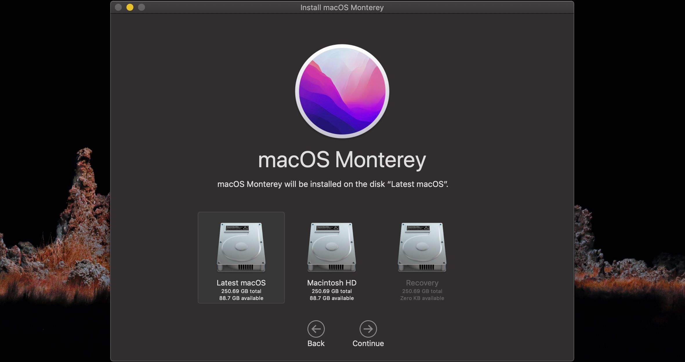 Скриншот окна установки macOS с выбором диска