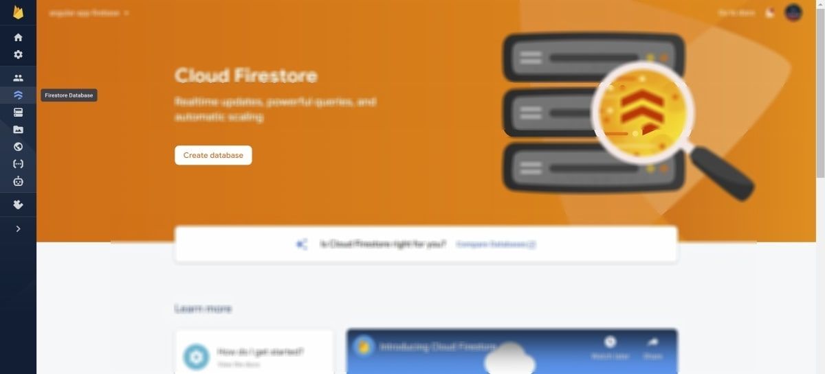 Страница Firebase с кнопкой Создать базу данных
