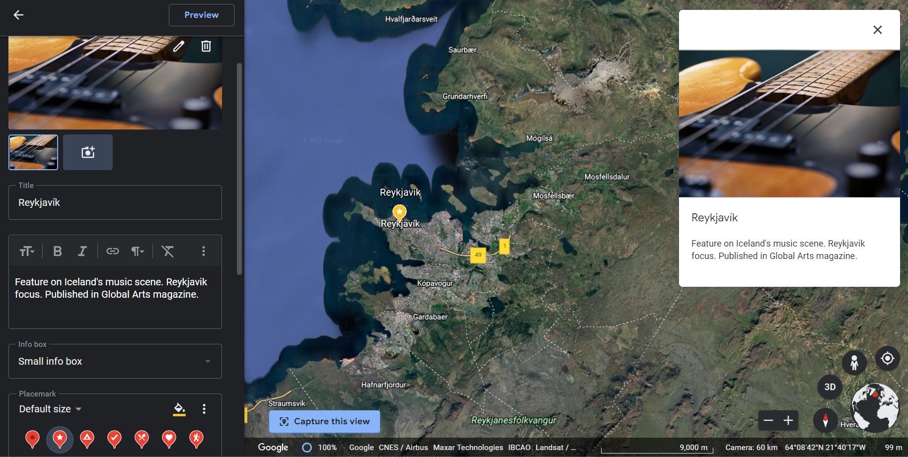 Настройка места в Google Earth