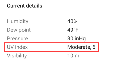 Карточка погоды Google с индексом UV