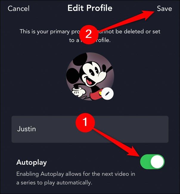 Отключение автозапуска и кнопка Сохранить в приложении Disney+