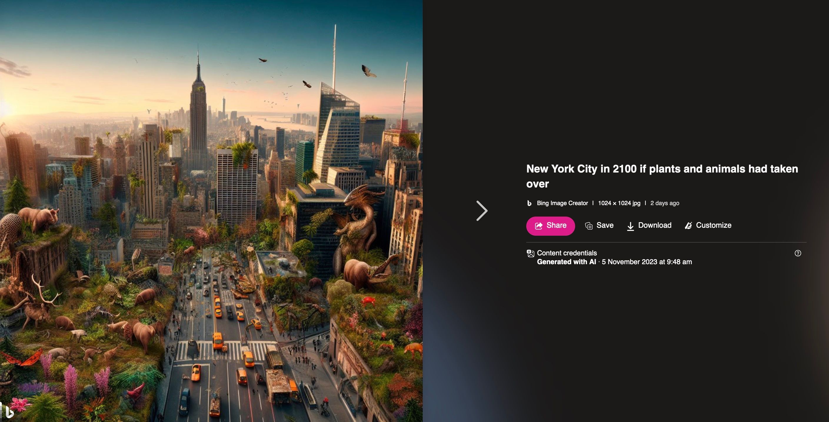 Пример изображения, сгенерированного DALL-E: вид Нью‑Йорка с животными и растениями