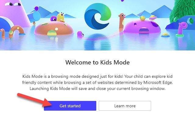 Кнопка Get Started для запуска Kids Mode в Edge