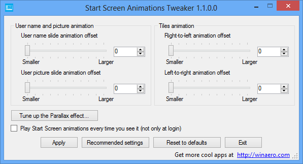 Интерфейс Start Screen Animations Tweaker с ползунками анимации