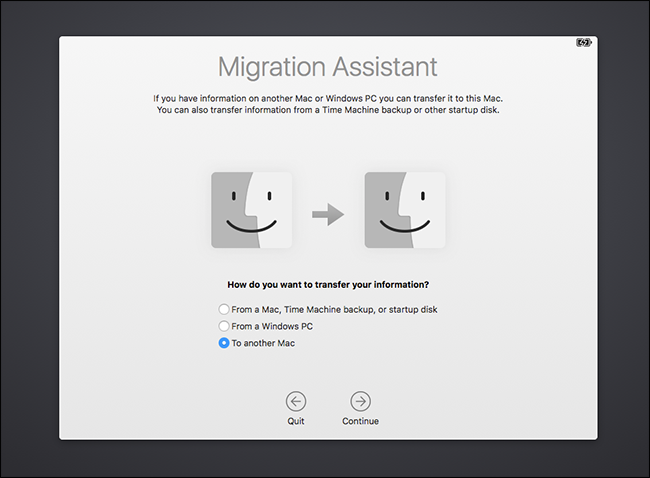 Выбор переноса на другой Mac на старом компьютере
