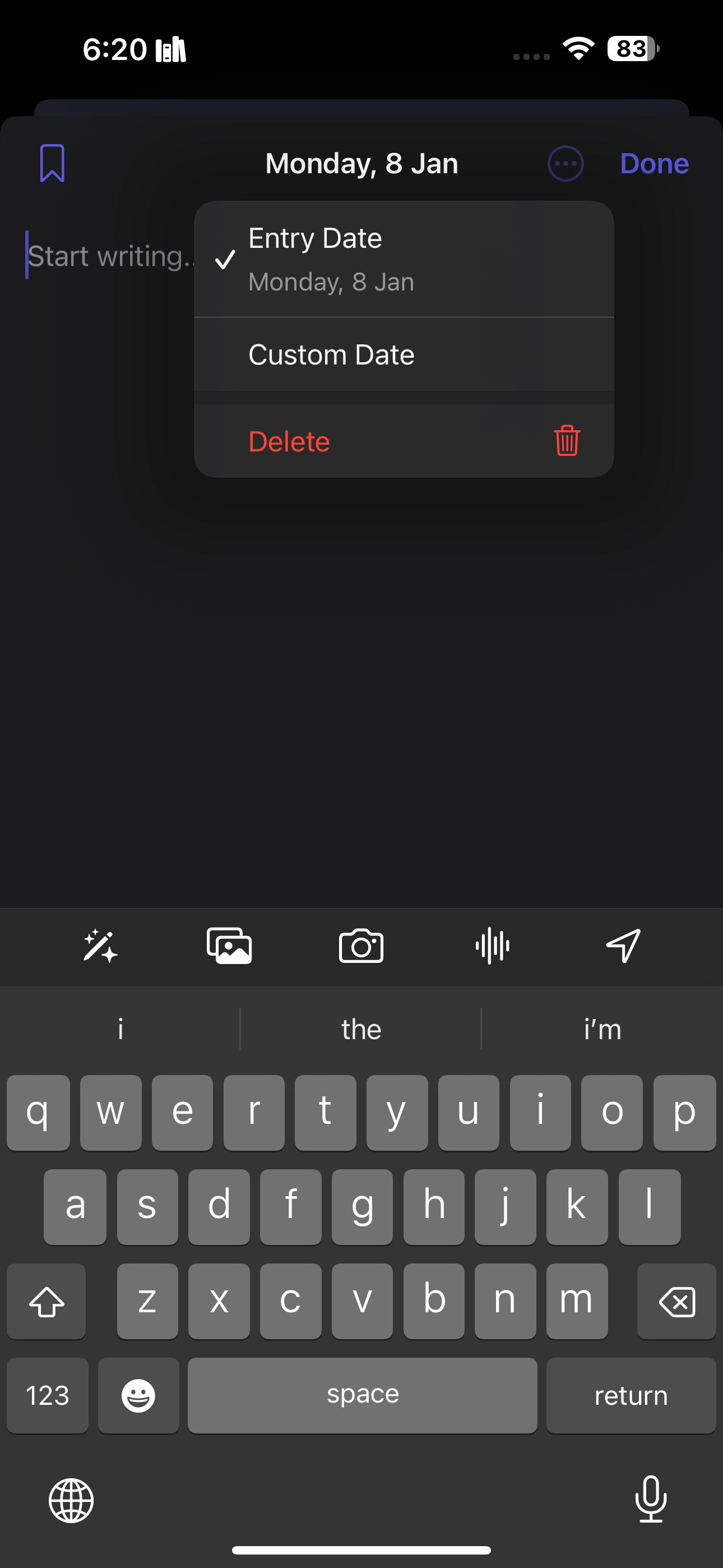 Всплывающее меню для установки собственной даты