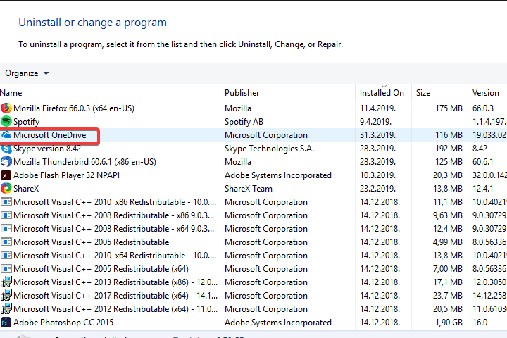 uninstall onedrive control panel