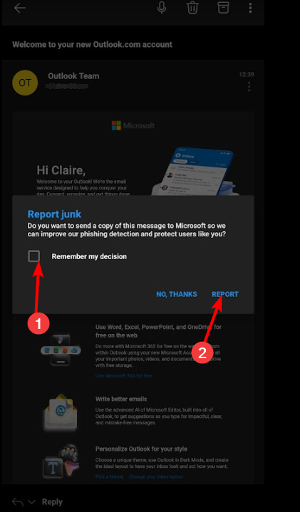 Флажок 'Запомнить выбор' и кнопка 'Report' в мобильном Outlook
