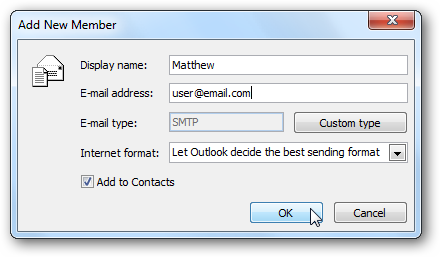 Добавление нового почтового контакта в группу