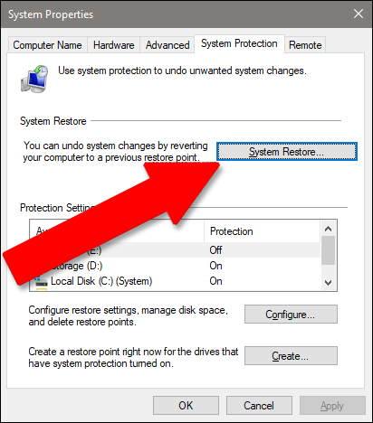 Выбор точки восстановления