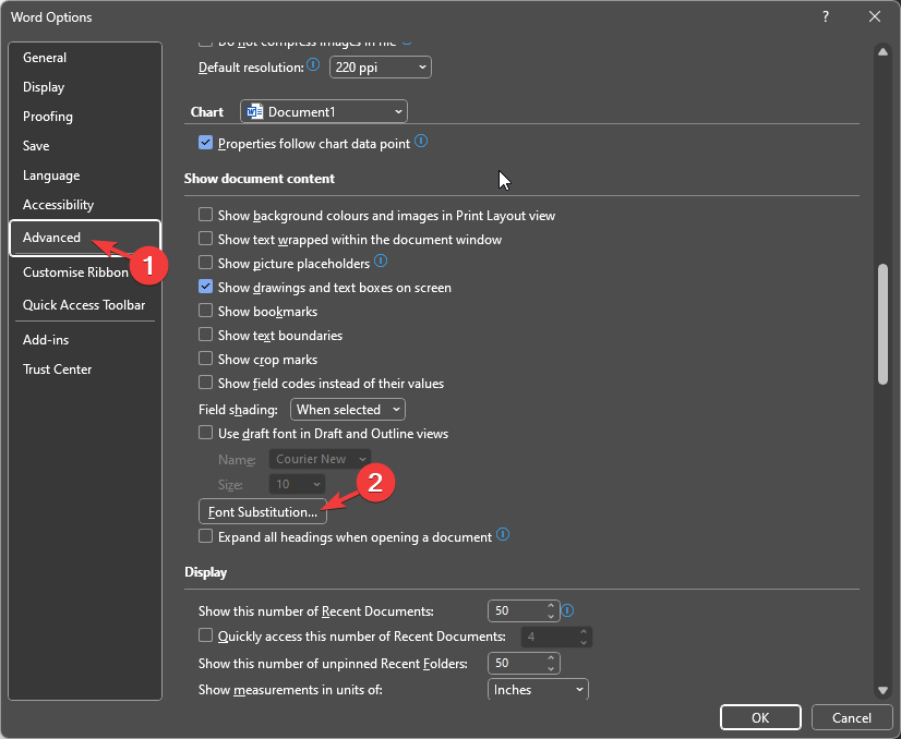 Настройки замены шрифтов в Word