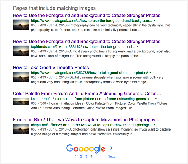 Результаты поиска с перечнем страниц, где встречается изображение