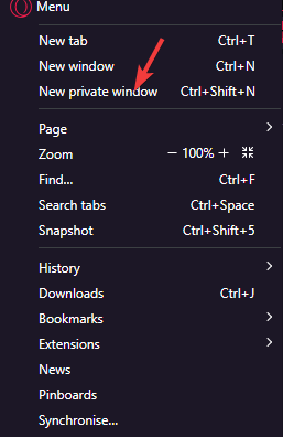 Новый приватный окно в Opera GX