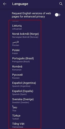 Выбор языка в Tor на Android.