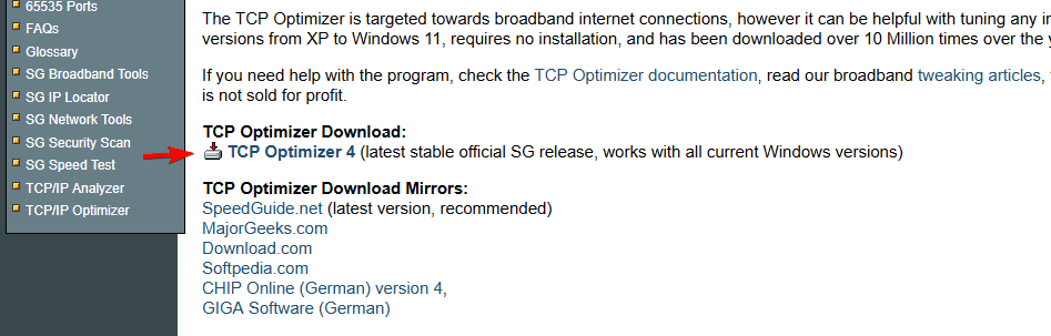 Страница загрузки SpeedGuide с выделенным TCP Optimizer