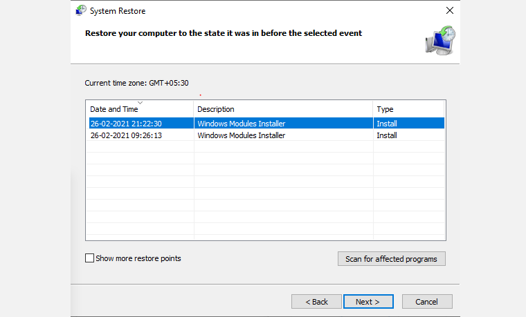 Выбор точки восстановления системы