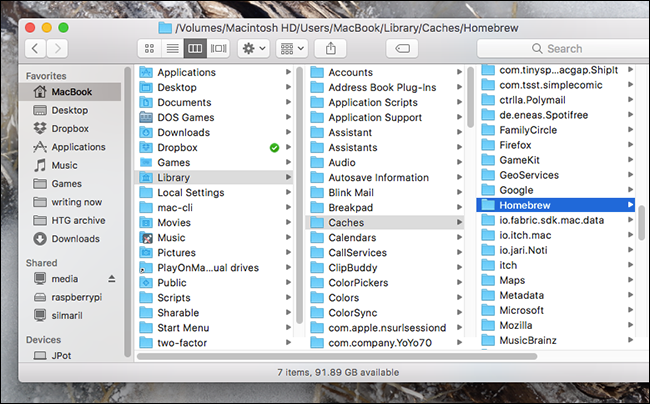 Открытый кэш Homebrew в Finder