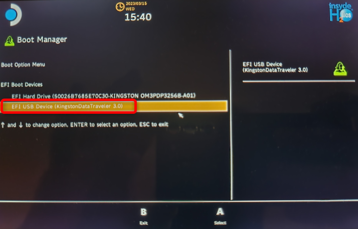 В Boot Manager выберите USB‑накопитель и нажмите A для загрузки образа восстановления