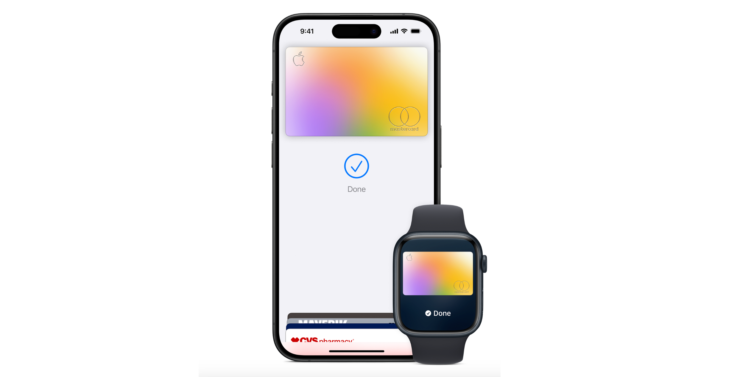 iPhone и Apple Watch с изображением функции Apple Pay на экране