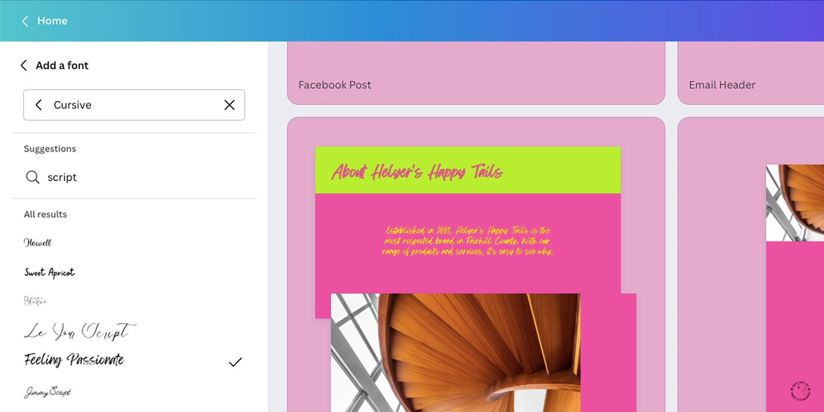 Canva cursive font selection. Выбор фирменного шрифта