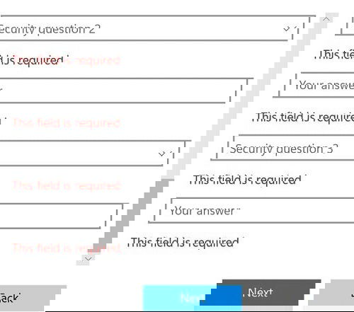 Заполнение контрольных вопросов безопасности для учётной записи
