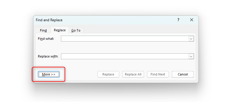 Окно 'Найти и заменить' и выделенный пункт 'Дополнительно'.