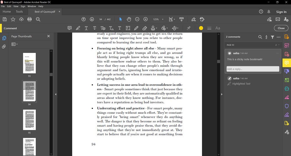 Панель комментариев в Adobe Reader со списком заметок
