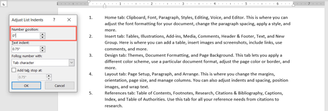 Настройка 'Положение номера' в окне 'Изменить отступы списка'
