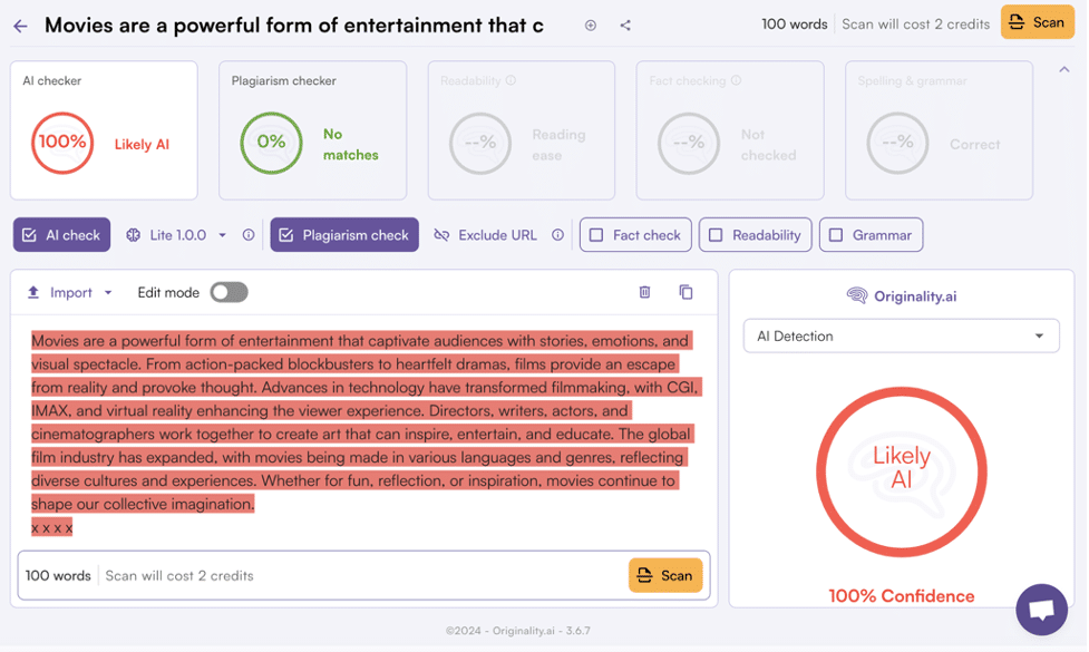 Результат сканирования исходного текста в Originality.ai с указанием вероятности ИИ