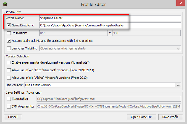 Параметры нового профиля и отдельный каталог данных