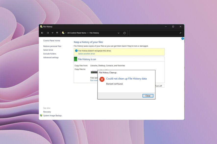Исправить File History element not found — Windows 10/11