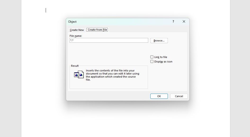 Диалоговое окно вставки объекта с вкладкой Создать из файла