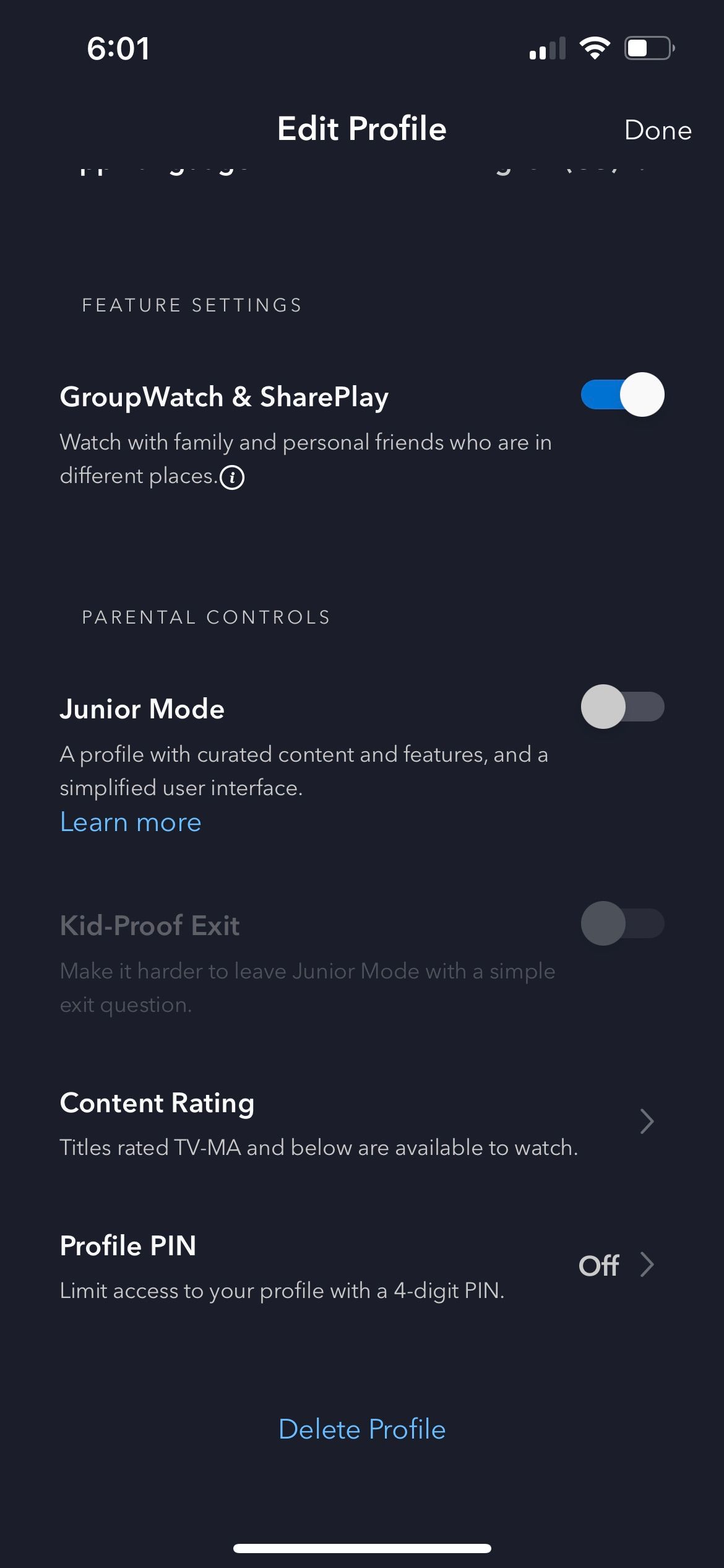 Вторая страница редактирования профиля в мобильном приложении с опциями родительского контроля