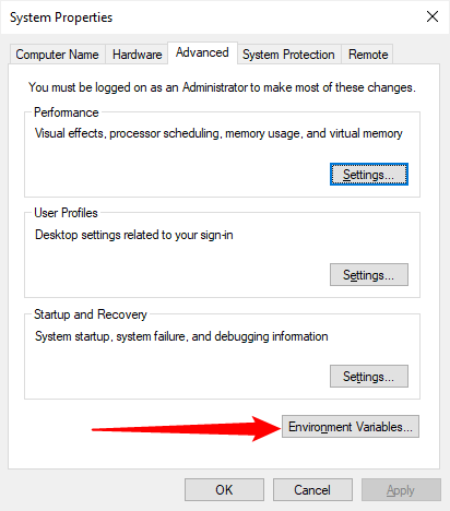 Нажмите «Переменные среды» в окне свойств системы.