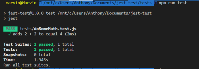 Отчёт тестов Jest с зелёными прогонами